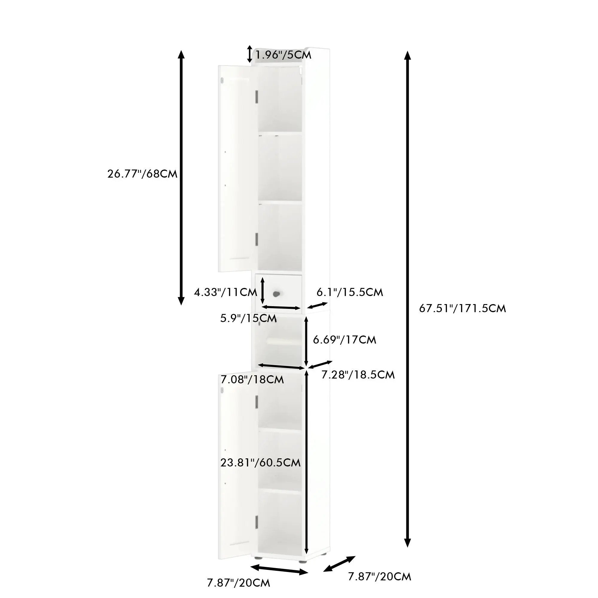 Slim Tall Bathroom Storage Cabinet With Adjustable Shelves, 2 Doors Freestanding Cabinet - White by Unique Piece Furniture