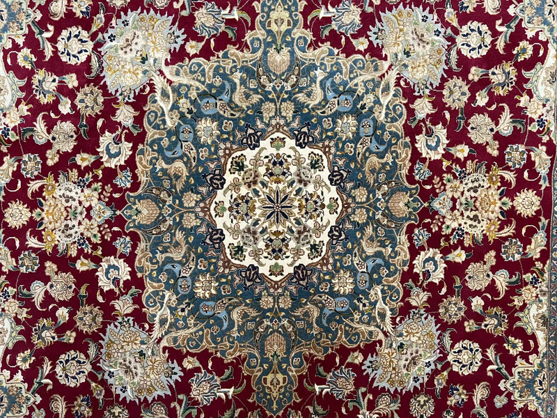Stunning Persian Tabriz Rug 5x7, Signed by Masterweaver, Maroon, Floral Medallion, Ultra Fine 70 Raj 625 KPSI, Kork Wool Silk Foundation, Handmade by Jewel Rugs