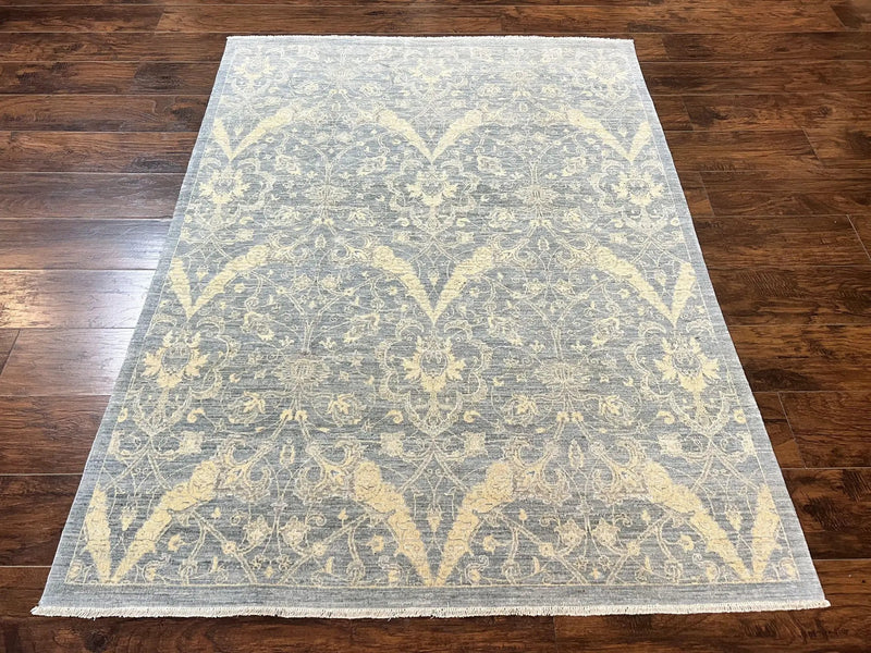 Contemporary Pakistani Rug 5 x 6.6, Handmade Floral Wool Rug, Spanish Pattern by Jewel Rugs