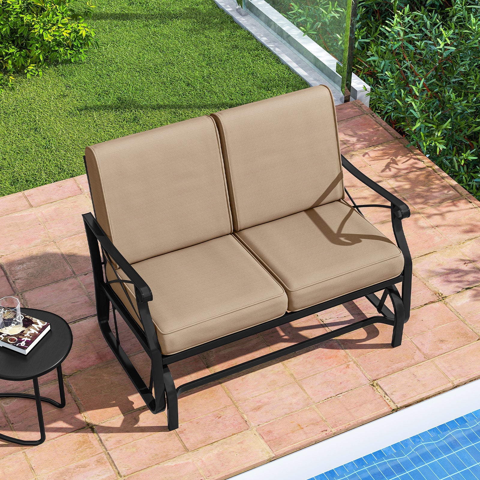 Outdoor 2-Person Glider Rocking Chair Loveseat with Thick Cushions and Metal Frame-Brown by DirectDeals