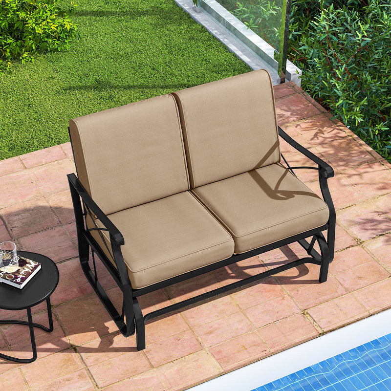 Outdoor 2-Person Glider Rocking Chair Loveseat with Thick Cushions and Metal Frame-Brown by DirectDeals