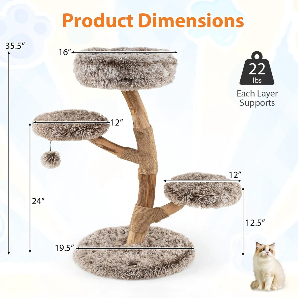 Cat Tree Solid Pear Wood with Perch and Natural Jute Scratching Posts-Brown, photo 2 of 9