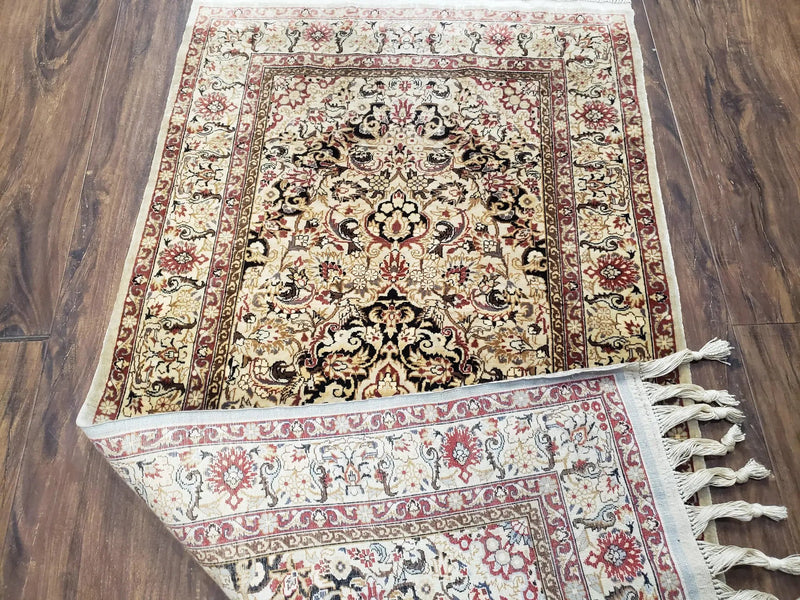 Silk Oriental Rug 1' 7" x 3', Very Fine Silk Carpet, Small Silk Rug, Traditional Floral Medallion, Hand-Knotted Cream Beige Vintage Silk Rug by Jewel Rugs