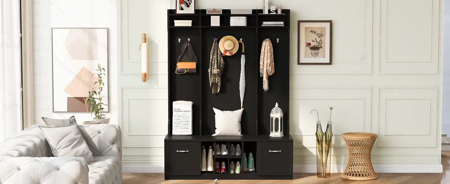 5 In 1 Entryway Bench With Coat Rack, 7 Sturdy Hooks, 2 Spacious Drawers And Adjustable Shelves by HouseOfZazla