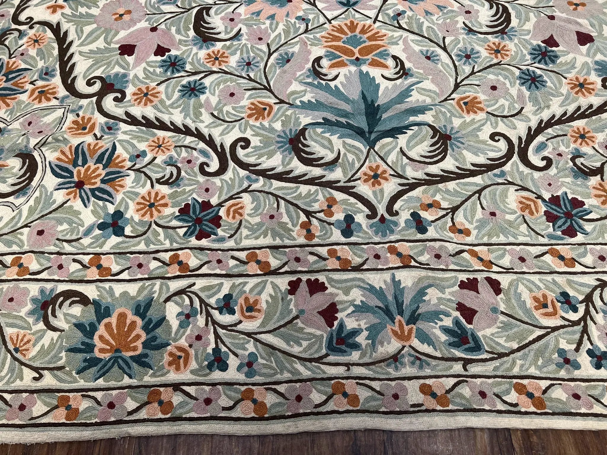 Chain Stitched Rug 9x12 Vintage Carpet 9 x 12 Flatweave Rug, Ivory Teal Rug, Area Rug 9 by 12, Hand Stitched Rug, Medallion, Indian Rug by Jewel Rugs