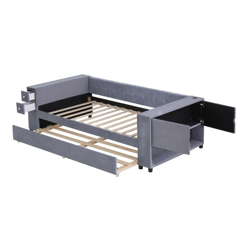 Upholstered Bed With Storage And Twin Trundle, USB Charging Ports by HouseOfZazla