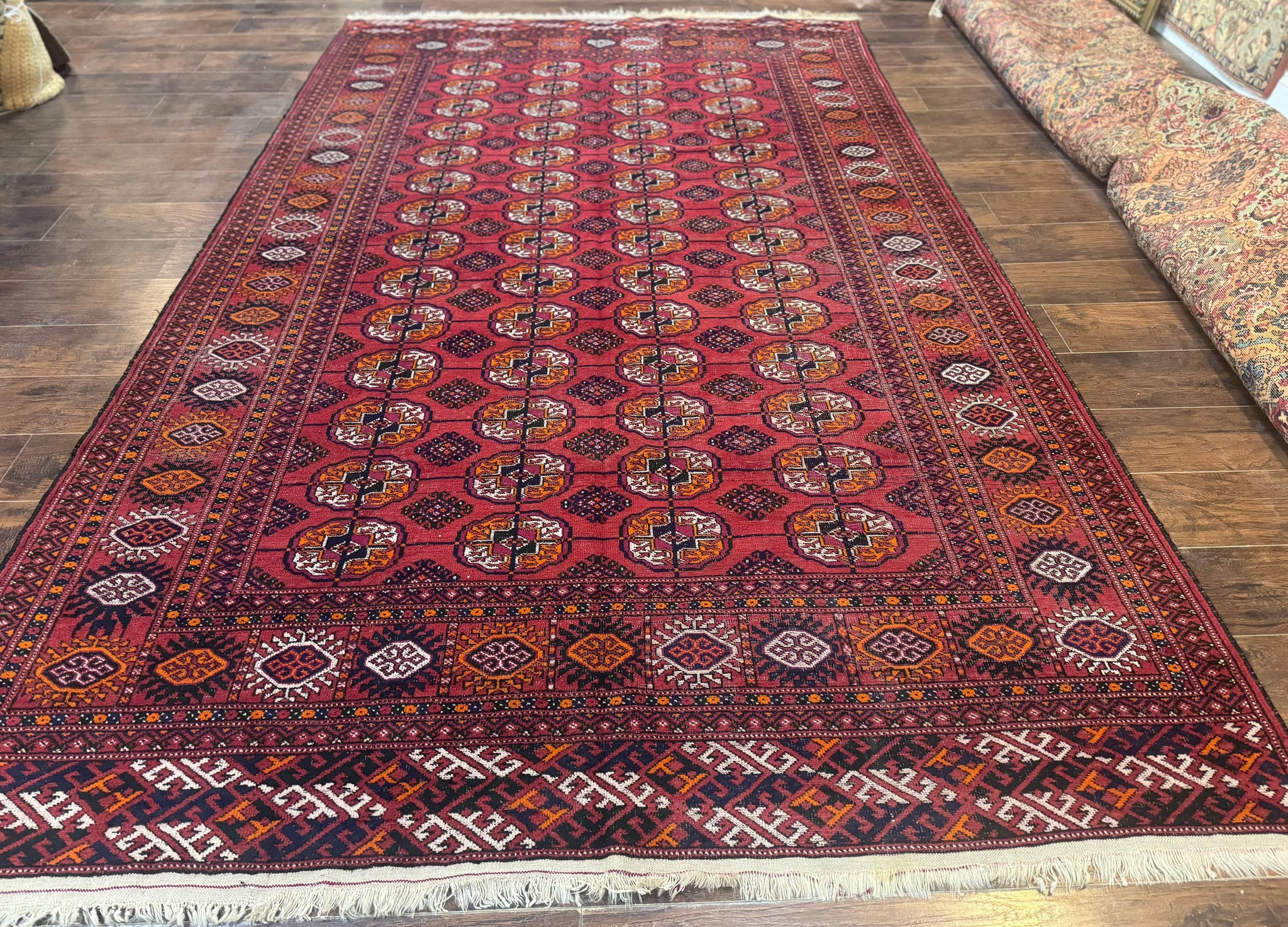 Antique Persian Turkoman Bokhara Rug 7x11, Tribal Rug, Red by Jewel Rugs