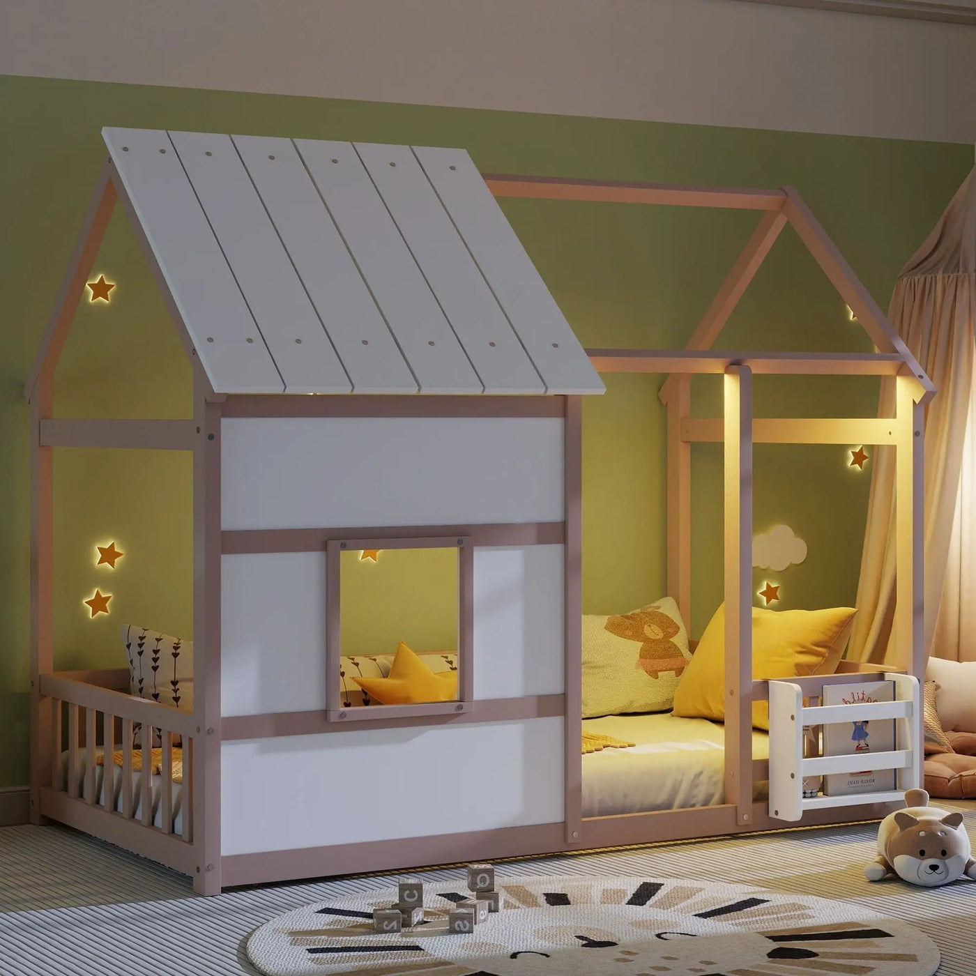 House Floor Bed With 7 Color LED Light, Built In Bookshelf by HouseOfZazla