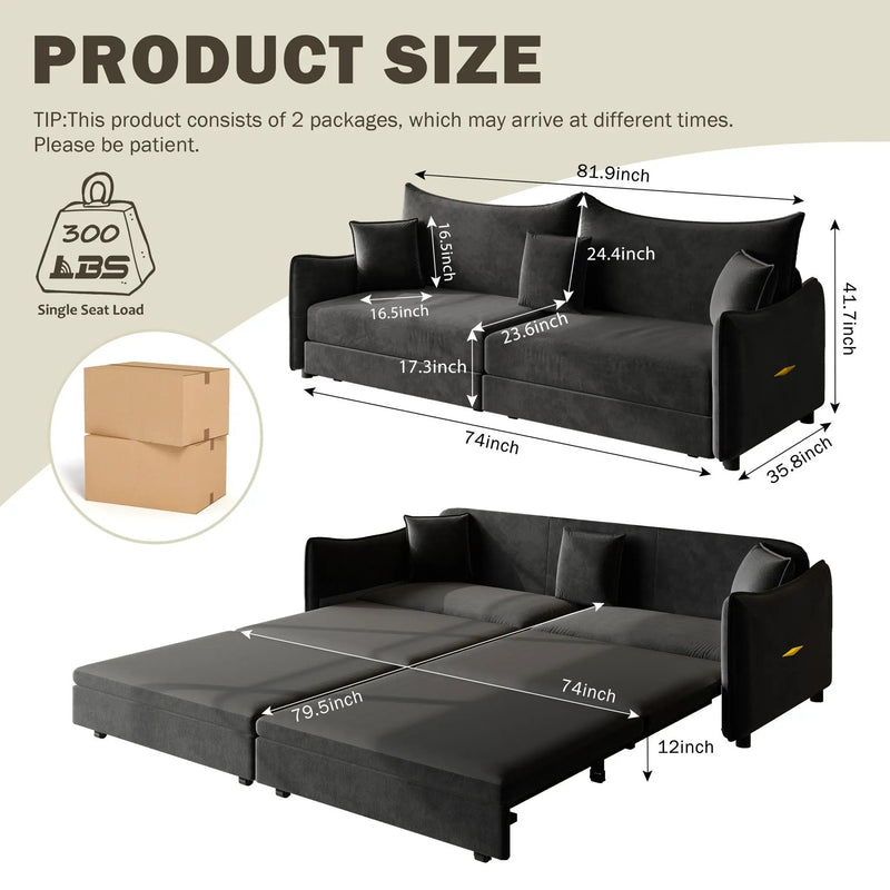King Pull Out Sofa Bed, 3-In-1 Convertible Bed With 3 Pillows by HouseOfZazla