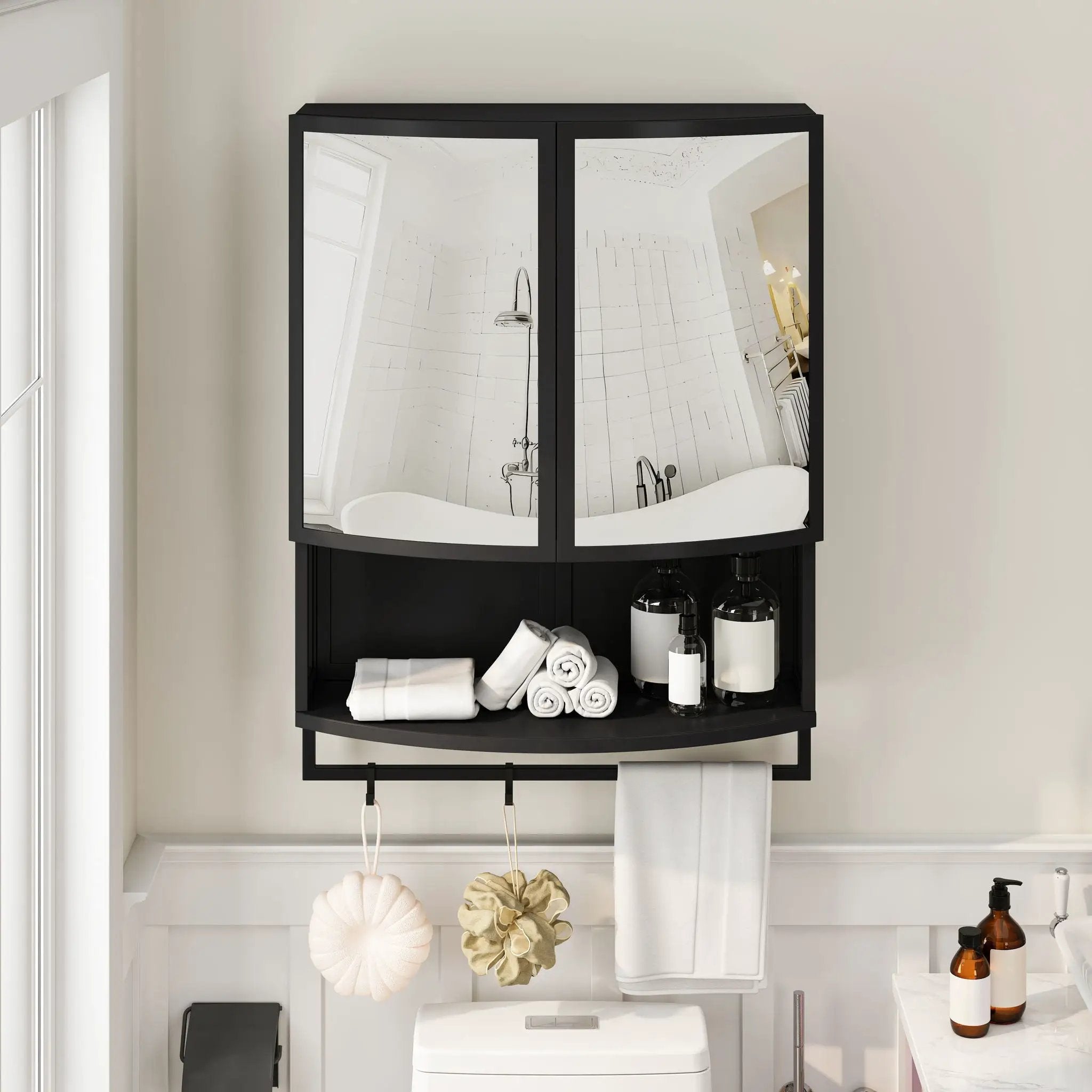 Arched Glass Double Door Wardrobe With Shatterproof Mirror, Open Shelf & Towel Rack by Unique Piece Furniture