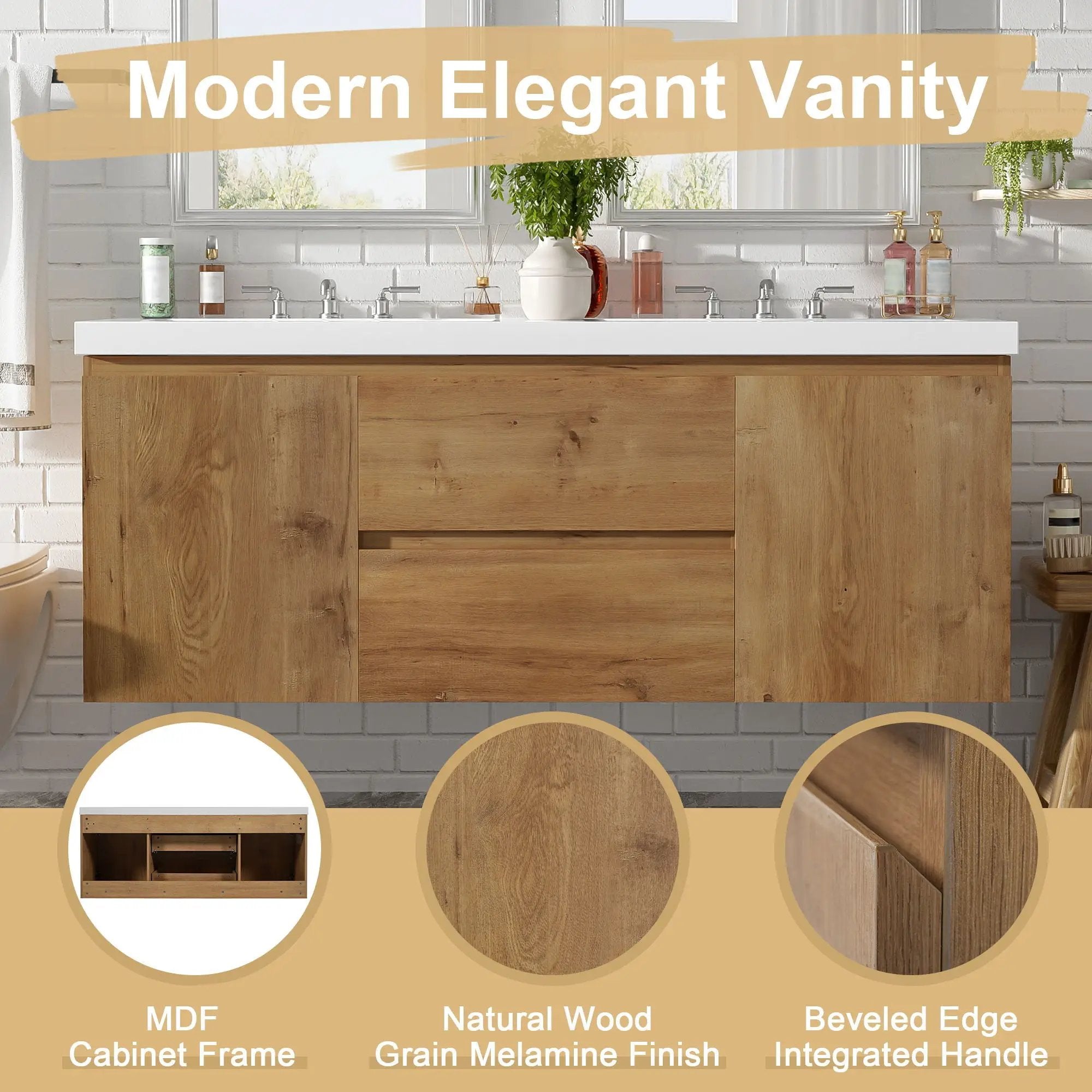 Double Sink Bathroom Vanity, Cabinet & Soft Close Doors, Divided Drawers, Wall Mounted Storage - Wood