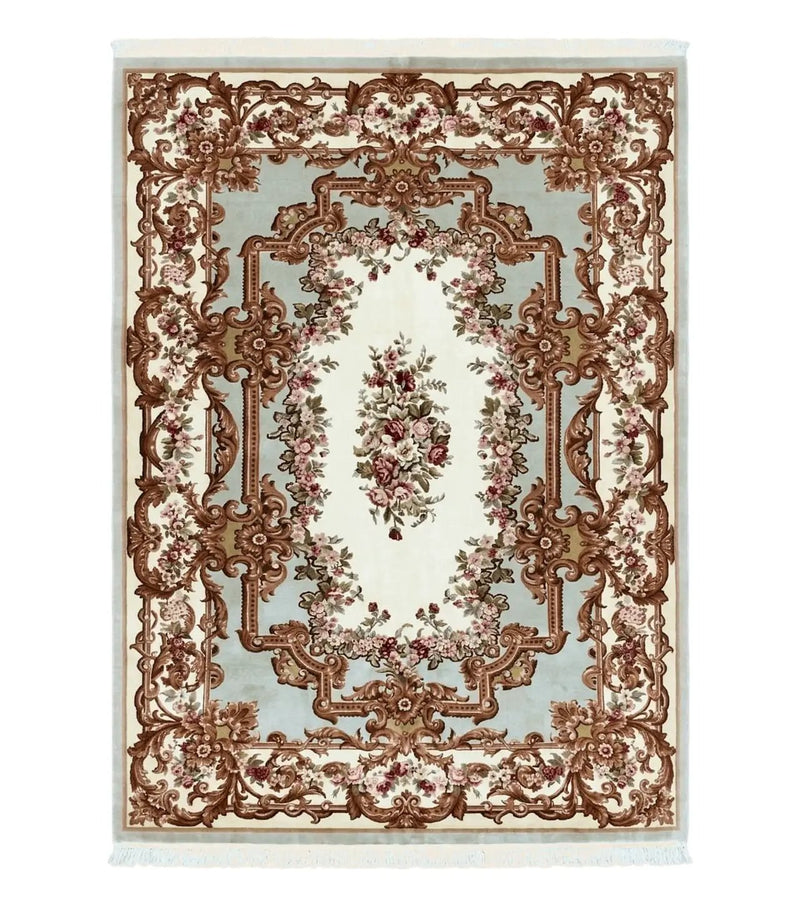 Aubusson Rug 10x13, Cream and Light Mint Green Hand Knotted Handmade French Savonnerie European Carpet, Wool Pile, Large Room Sized Vintage by Jewel Rugs