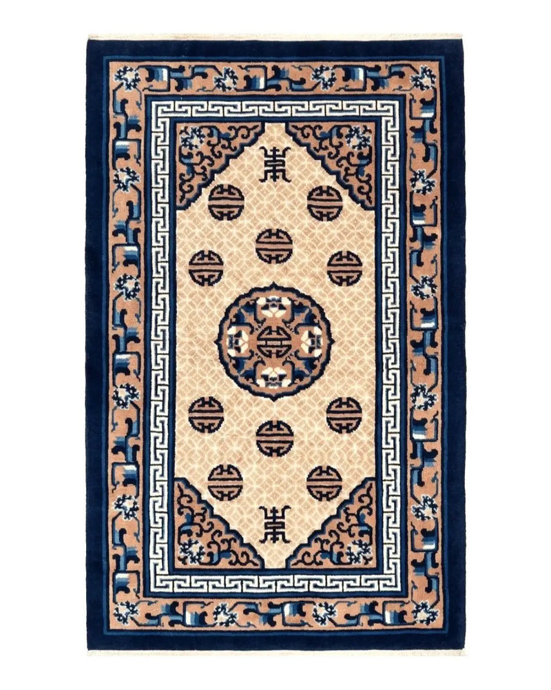 Chinese Peking Rug 3x5, Antique Chinese Art Deco Carpet, Blue Ivory Tan, Hand Knotted Wool Asian Oriental Rug 3 x 5 Vintage Small Peking Rug by Jewel Rugs