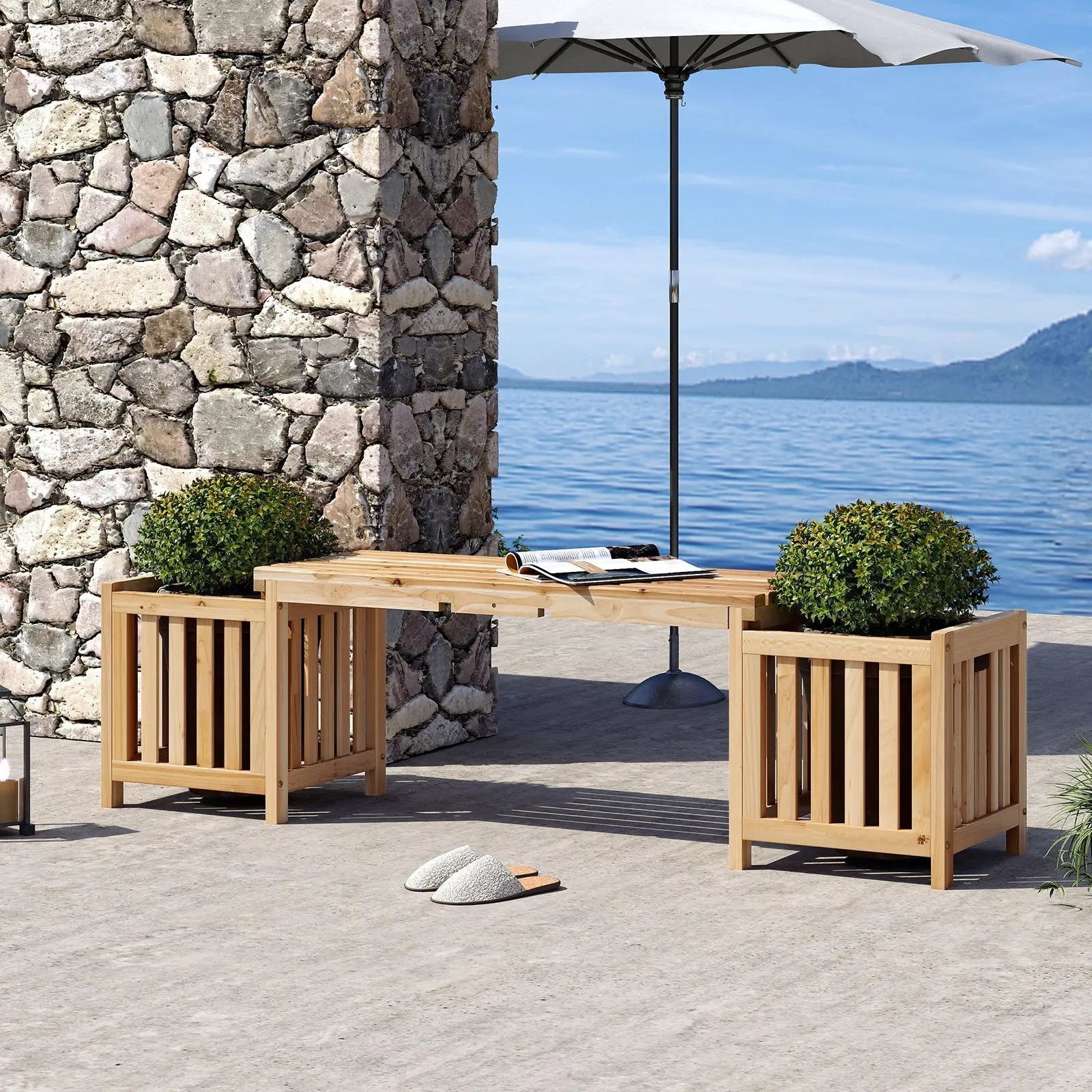 Patio Wooden Bench with Planter 2 Person Patio Bench-Natural by DirectDeals