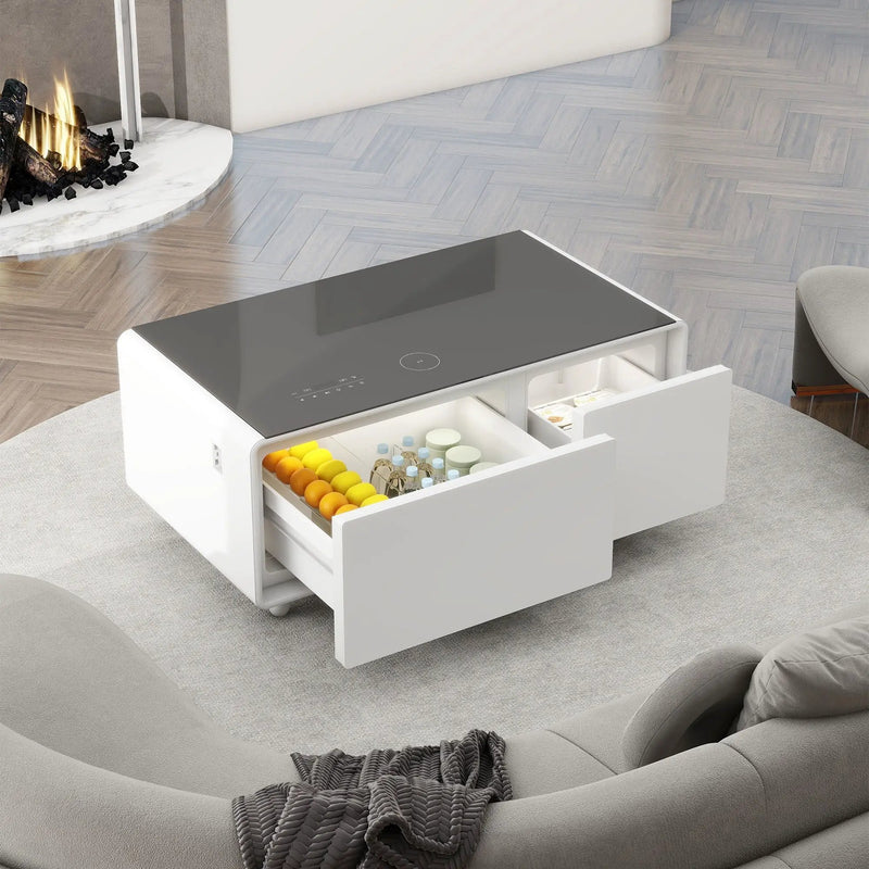 Modern Smart Coffee Table With Built-In Fridge - tooth Speaker, Wireless Charging, Touch Control Panel, USB Interface, Outlet Protection, Atmosphere Light by Unique Piece Furniture