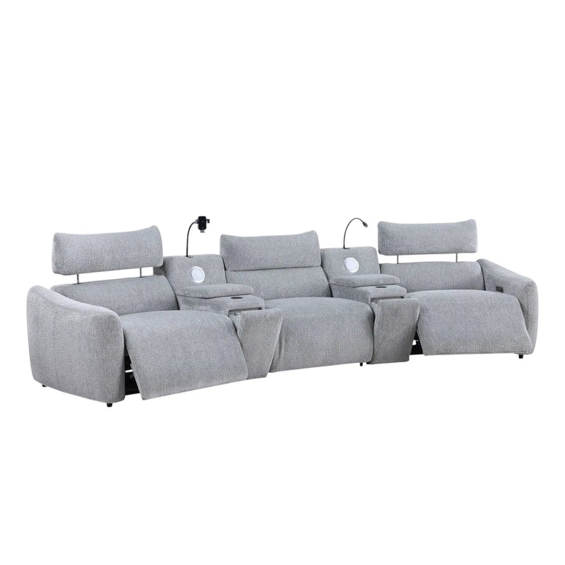Fullar - Modular Power Motion Sectional Sofa With Console, 2 Wireless Chargers, 4 Cupholders, And 2 Speakers, 1 Phone Holder And 1 Reading Light, Adjustable Headrest - Light Gray by HouseOfZazla