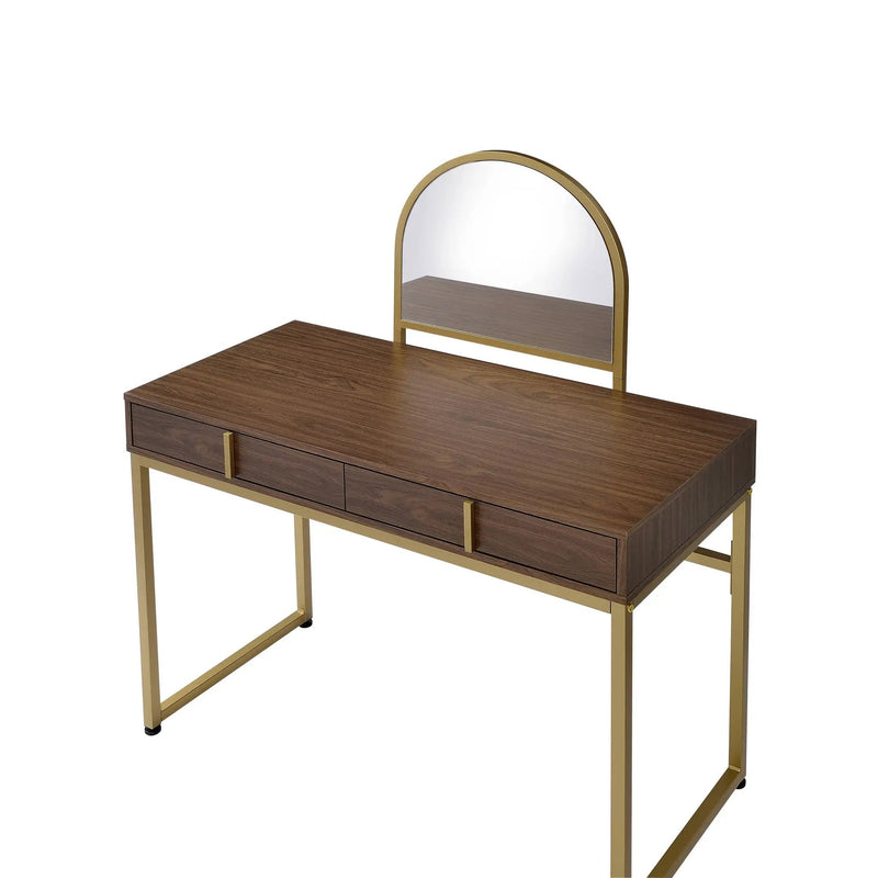 Coleen Walnut & Gold Finish Vanity Desk with Mirror & Jewelry Tray by HouseOfZazla