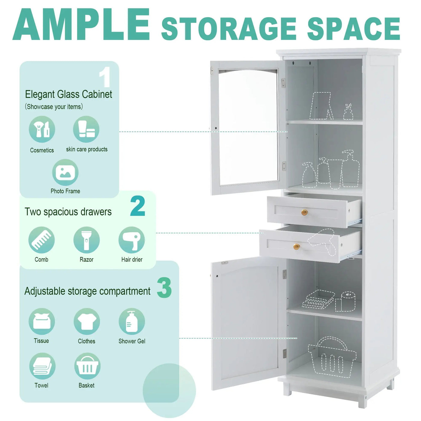 Tall Bathroom Storage Cabinet With Glass Doors, Free-Standing, Two Drawers, And Adjustable Shelves, Board, Painted Perfect For Displaying Your Favorite Items by HouseOfZazla