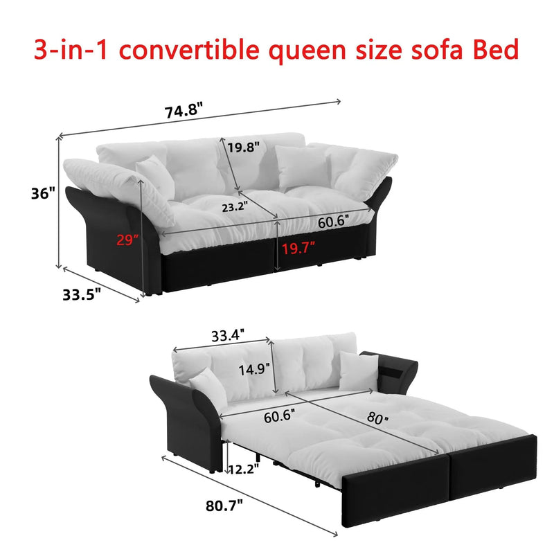 Queen Pull Out, 3 In 1 Convertible Sleeper Tufted Sofa & 2 Soft Pillows by HouseOfZazla