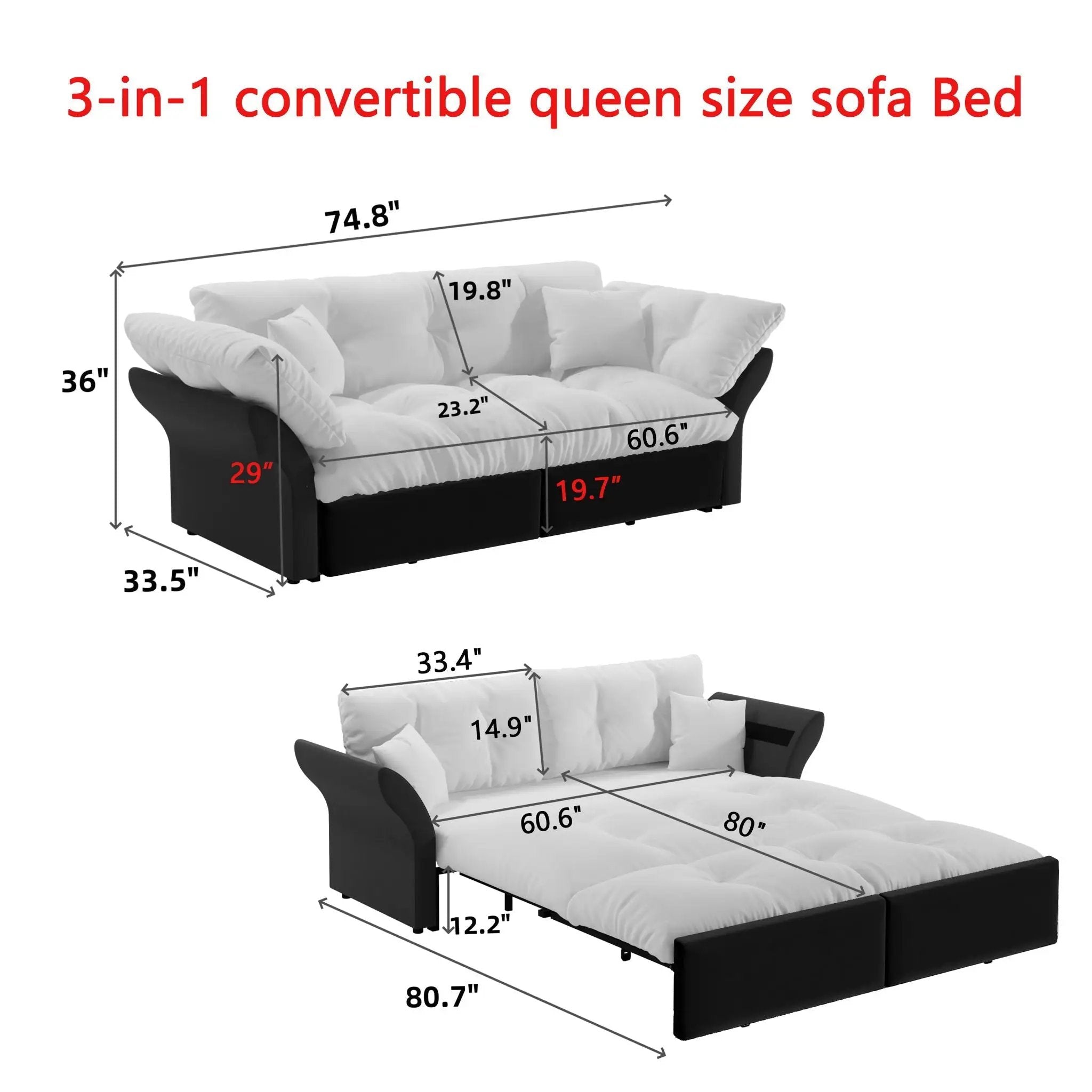 Queen Pull Out Sofa Bed, 3 In 1 Convertible Sleeper Tufted With 2 Soft Pillows by HouseOfZazla