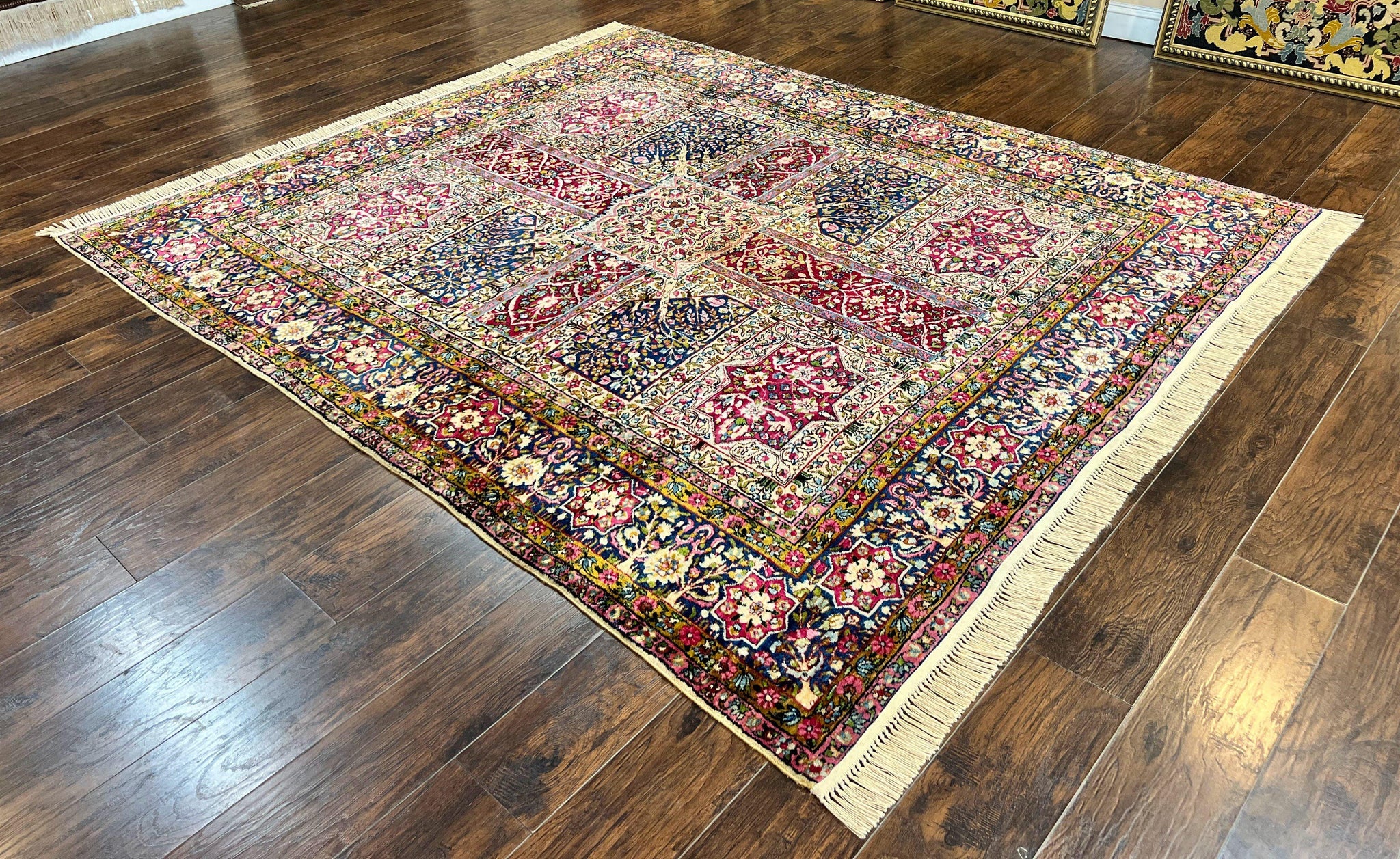 Persian Kirman Lavar Rug 8x9, Antique Persian Carpet, Colorful Multicolor 1920s Handmade Wool Rug, Garden Panel Design, Fine 200 KPSI by Jewel Rugs