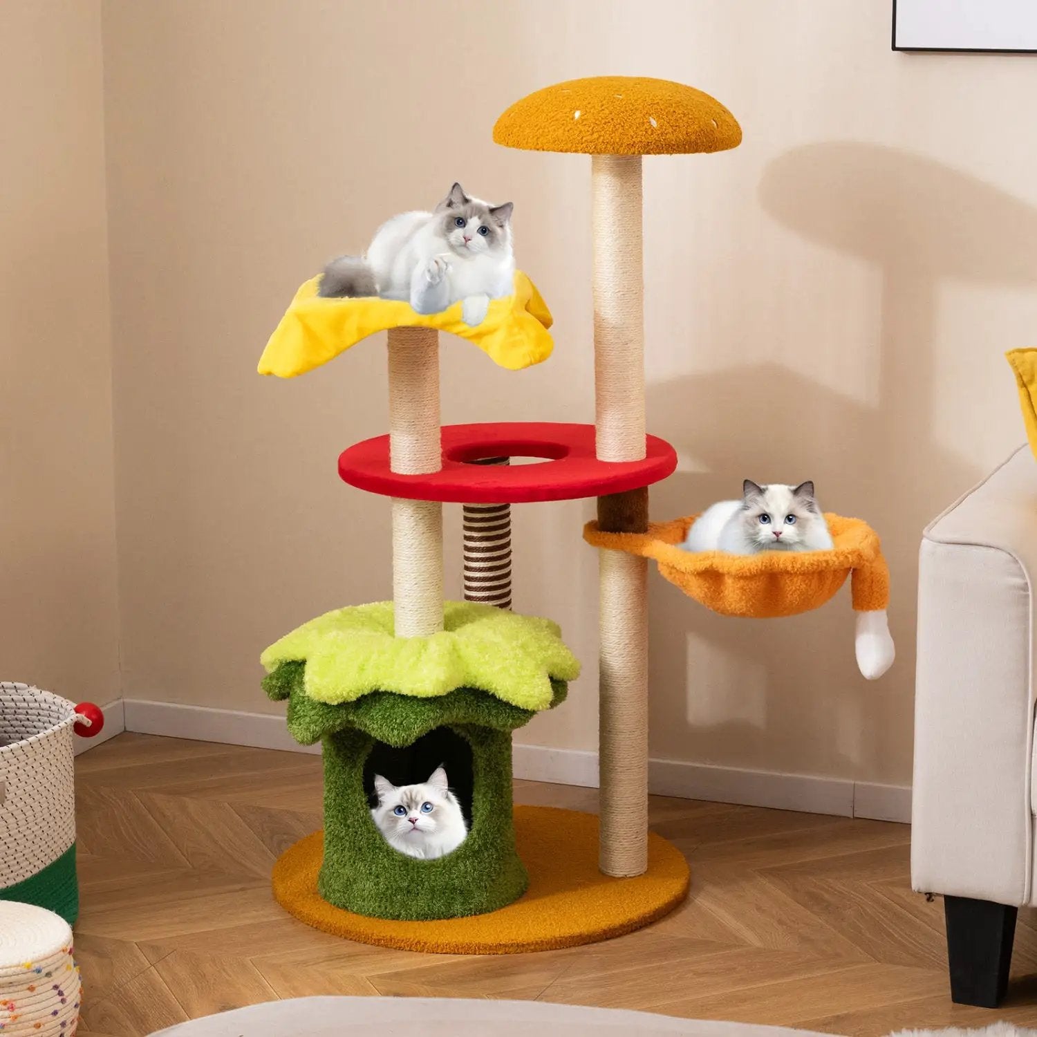46 Inch Tall Cat Tree Multi-Level with Padded Perch and Hanging Basket Bed by DirectDeals