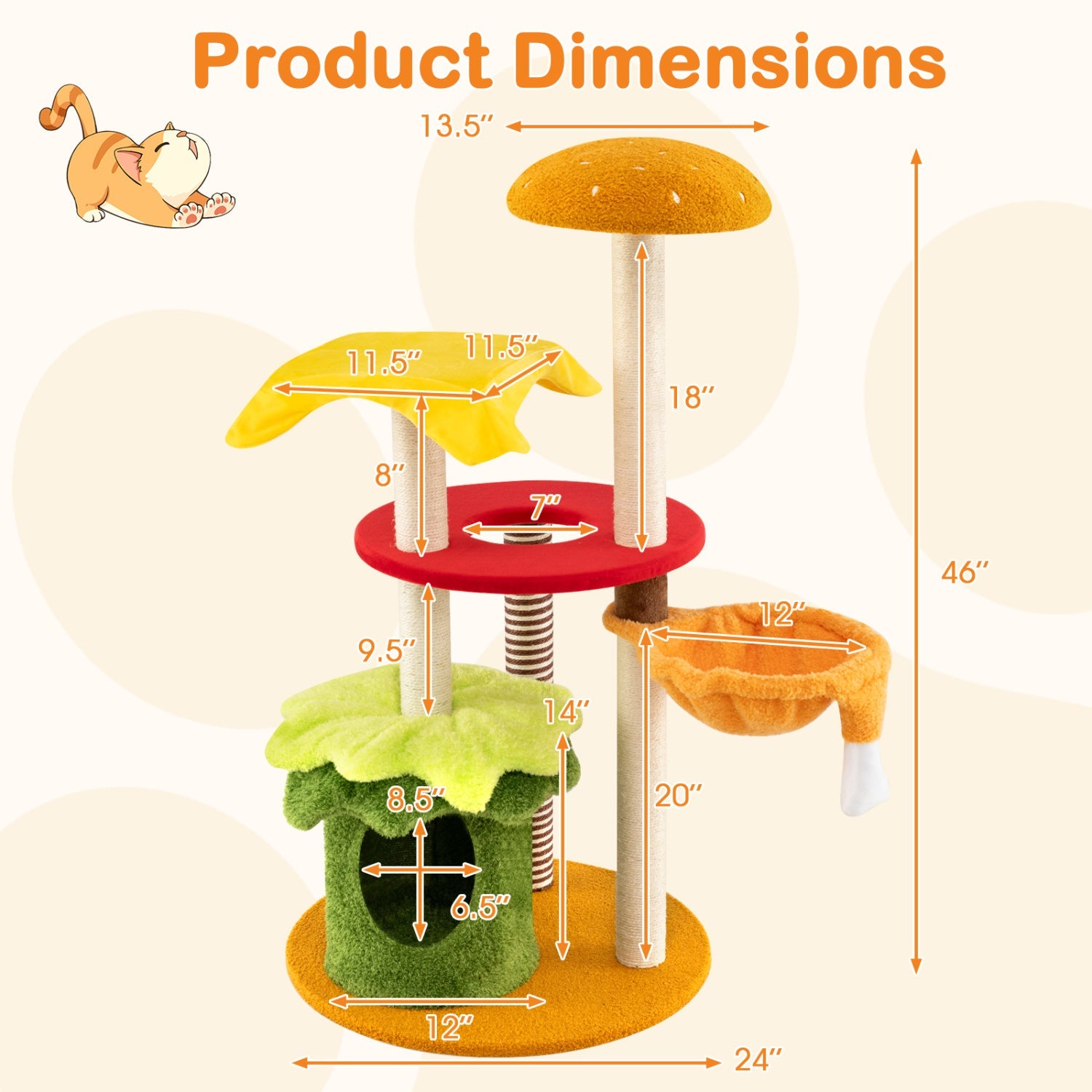 46 Inch Tall Cat Tree Multi-Level with Padded Perch and Hanging Basket Bed by DirectDeals