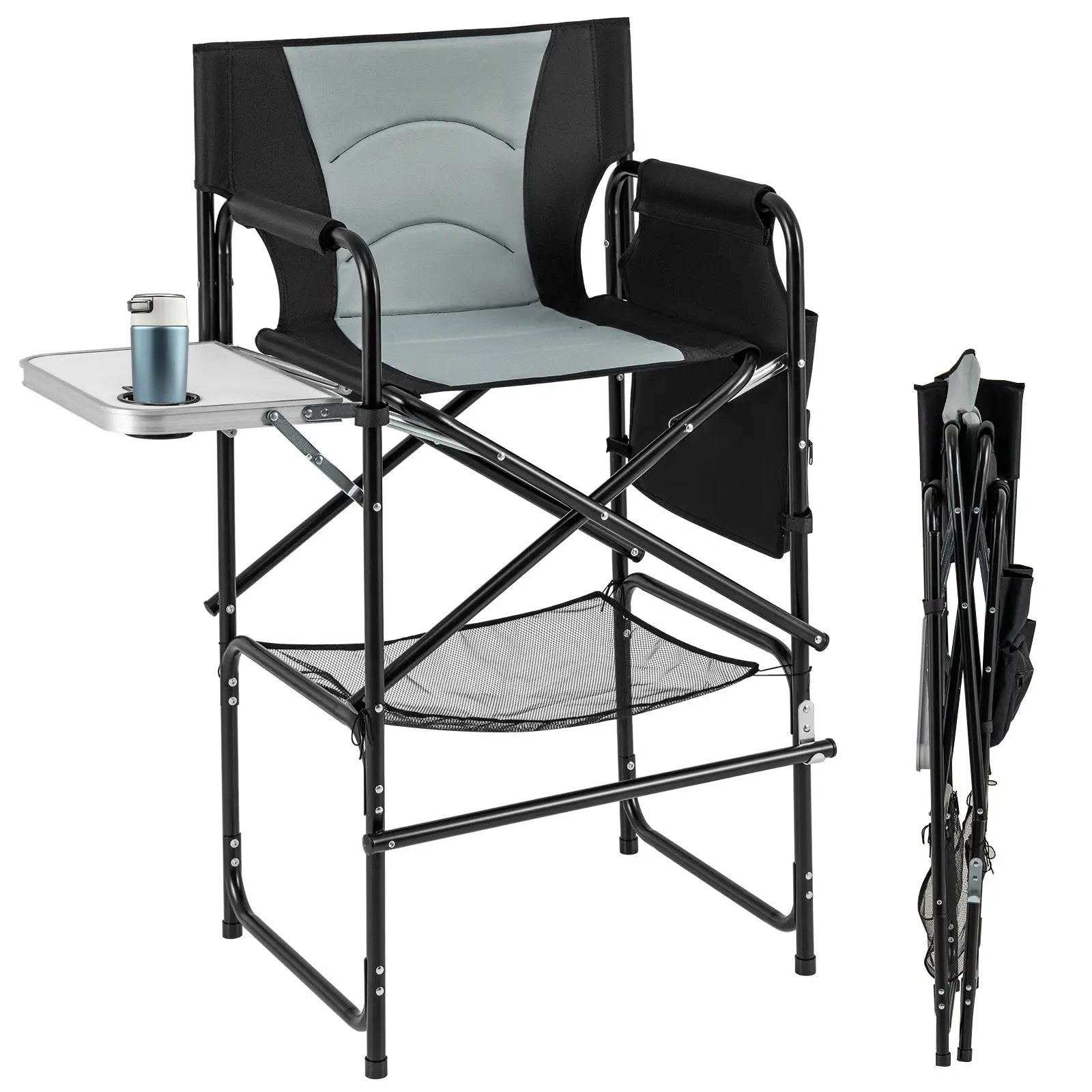 46 Inches Tall Directors Chair with Foldable Side Table and Footrest-Gray by DirectDeals