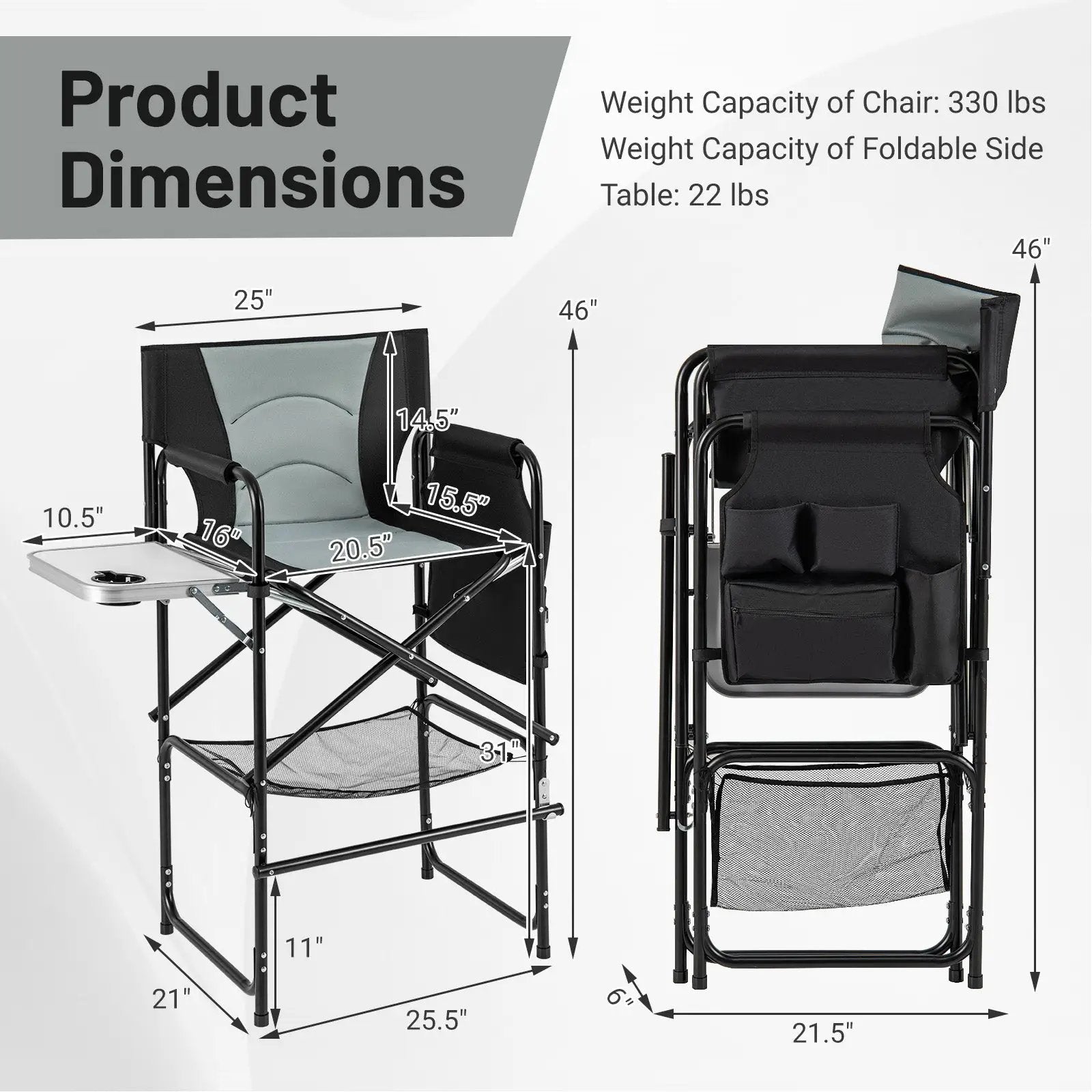 46 Inches Tall Directors Chair with Foldable Side Table and Footrest-Gray by DirectDeals