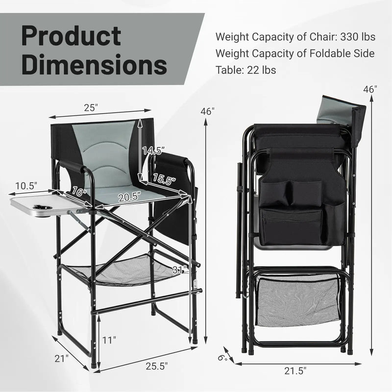 46 Inches Tall Directors Chair with Foldable Side Table and Footrest-Gray by DirectDeals