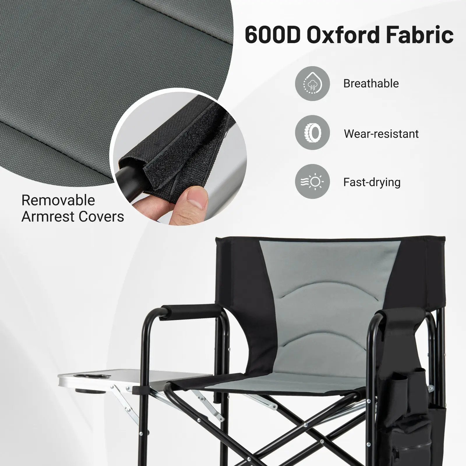 46 Inches Tall Directors Chair with Foldable Side Table and Footrest-Gray by DirectDeals
