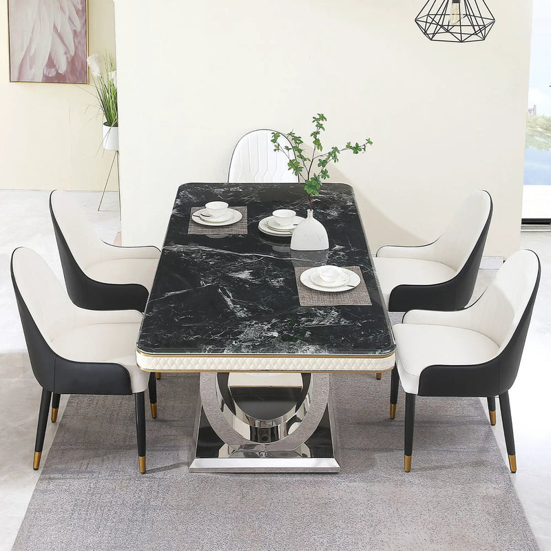Luxury Modern Dining Table With 6 Chairs Marble Top Titanium Plated Base - Black by Unique Piece Furniture