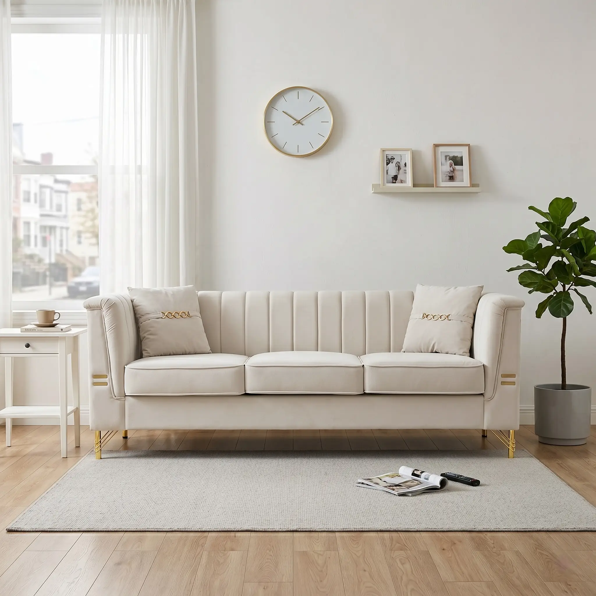 FX-P82-BE3 Modern Velvet 3-Seater Chesterfield Sofa with 2 Pillows by HouseOfZazla