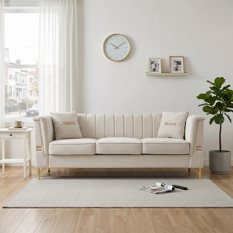 FX-P82-BE3 Modern Velvet 3-Seater Chesterfield Sofa with 2 Pillows by HouseOfZazla