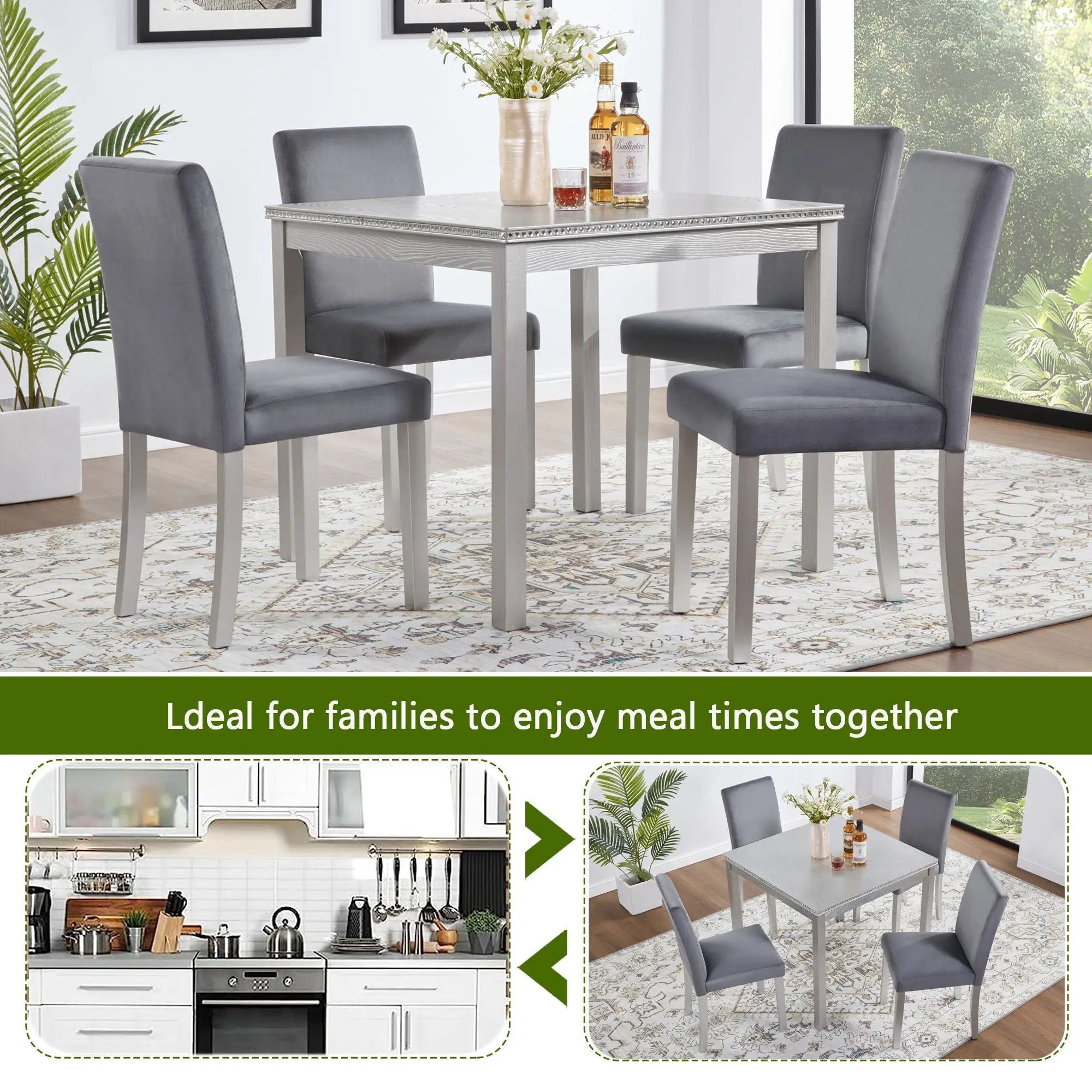 5 Pieces Wooden Dining Table Set, Square Table And 4 Upholstered Chairs by Unique Piece Furniture