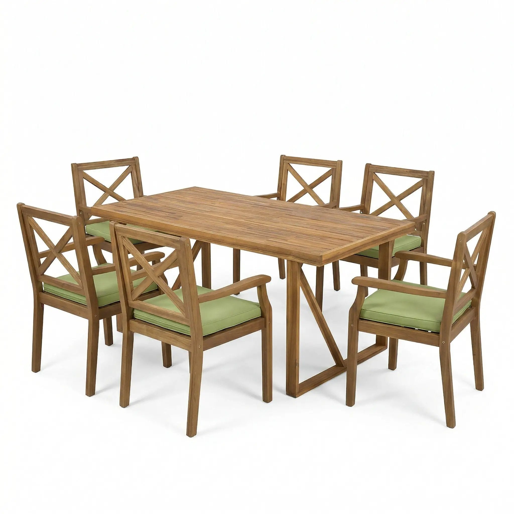 7 Pieces Acacia Wood Outdoor Dining Set with Green Cushions by HouseOfZazla