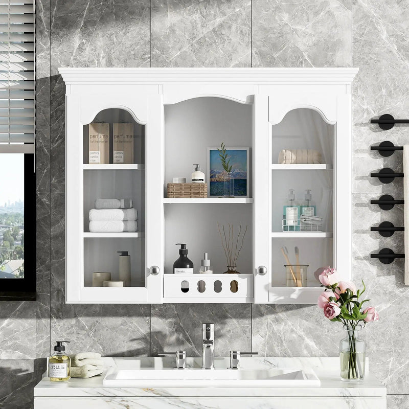 Wall-Mounted Medicine Cabinet With 2 Glass Doors, Adjustable Shelves - White by HouseOfZazla