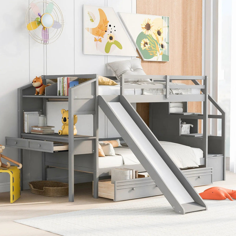 Bunk Bed With Storage Staircase, Slide, Desk, Drawers, And Shelves by Unique Piece Furniture
