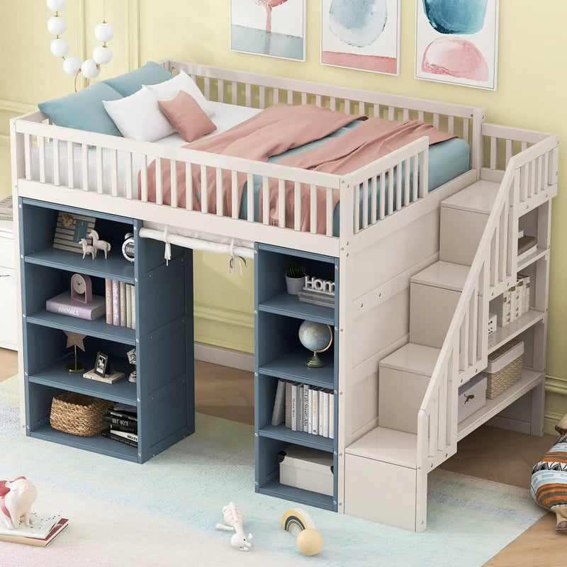 Full Size Loft Bed With 2 Four Layer Storage Cabinets And Curtain With Built In Staircase And Privacy Curtain - White by Unique Piece Furniture