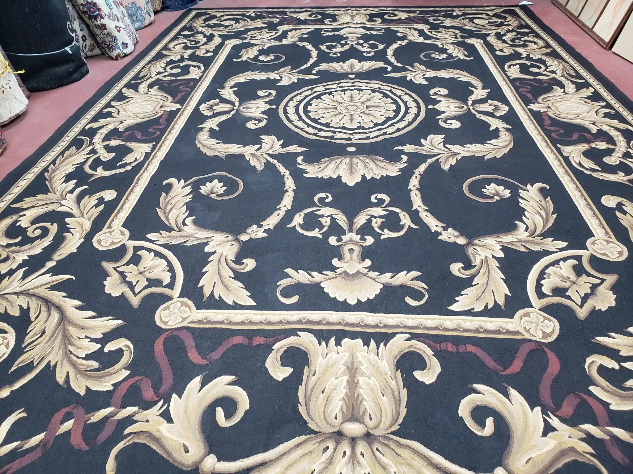 Black and Tan Aubusson Rug, 10 x 14 Aubusson Carpet, New Aubusson Rug, Elegant, Wool, Handmade Area Rug, Flatweave Rug, Large Aubusson Rug by Jewel Rugs