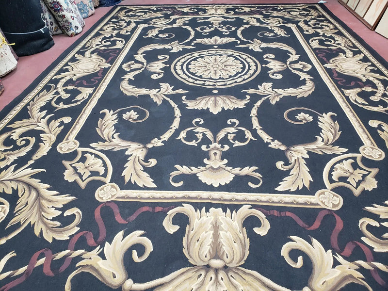 Black and Tan Aubusson Rug, 10 x 14 Aubusson Carpet, New Aubusson Rug, Elegant, Wool, Handmade Area Rug, Flatweave Rug, Large Aubusson Rug by Jewel Rugs