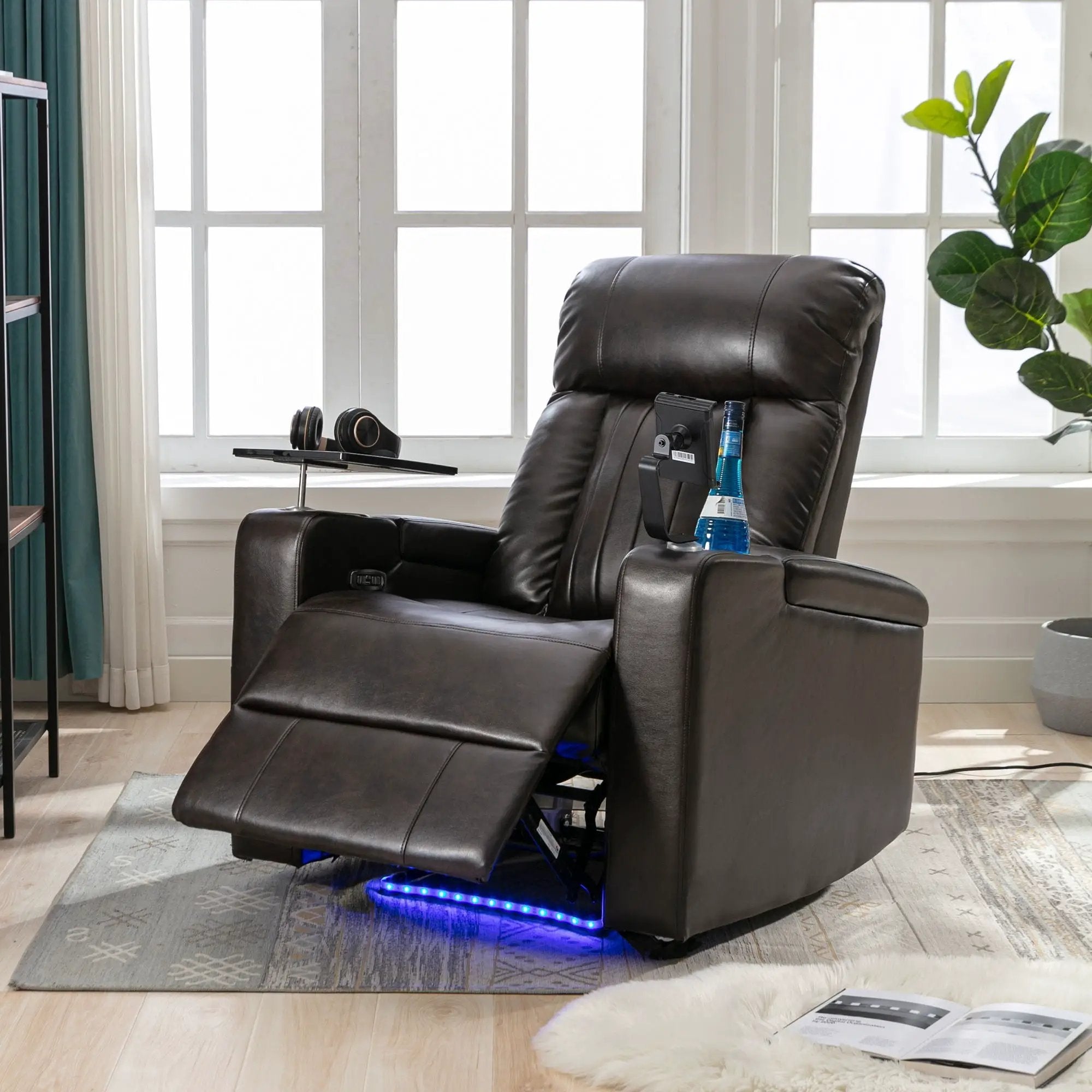 Power Recliner With Storage Arms, Cupholders, Swivel Tray Table And Cell Phone Stand - Brown by HouseOfZazla