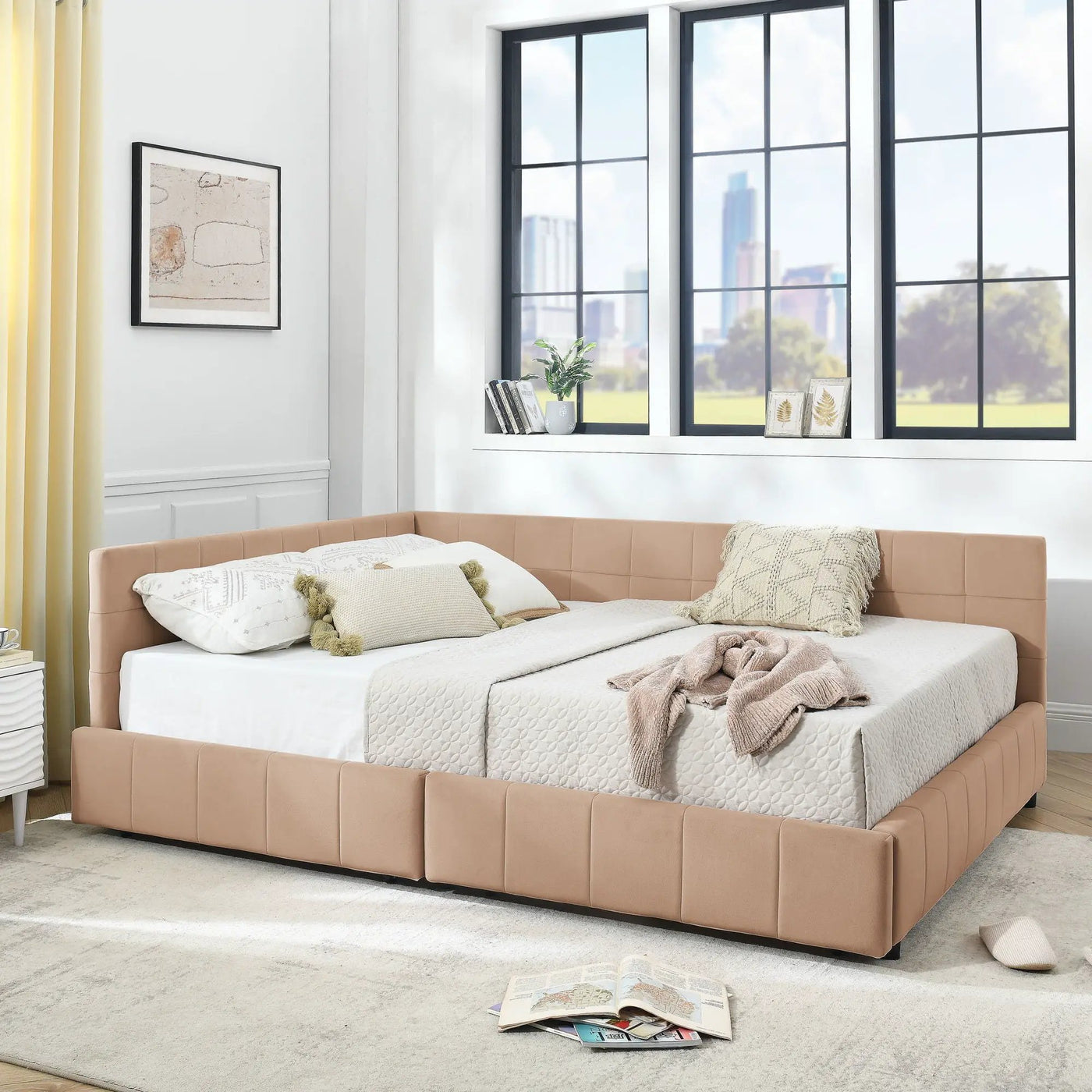 Mid-Century Storage Upholstered Tufted Bed Frame With Backrest And Armrests by Unique Piece Furniture