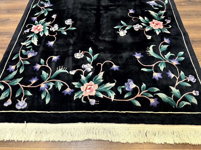 Chinese Wool Rug 6x9, Black, Floral, Minimal Design, 90 Line Carpet, Vintage Art Deco Rug by Jewel Rugs
