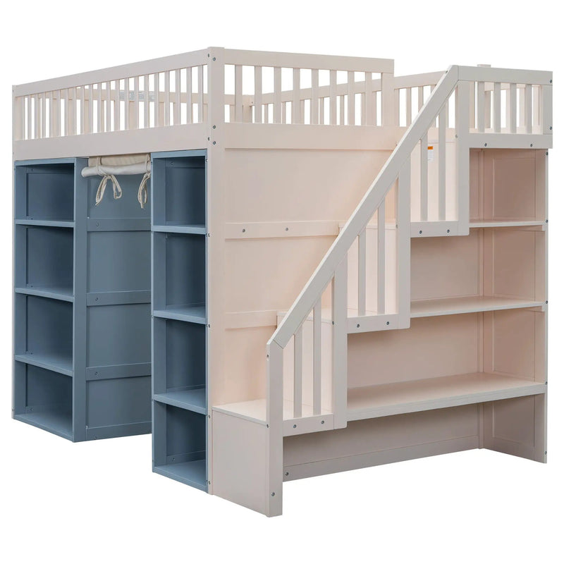 Full Size Loft Bed With 2 Four Layer Storage Cabinets And Curtain With Built In Staircase And Privacy Curtain - White by HouseOfZazla