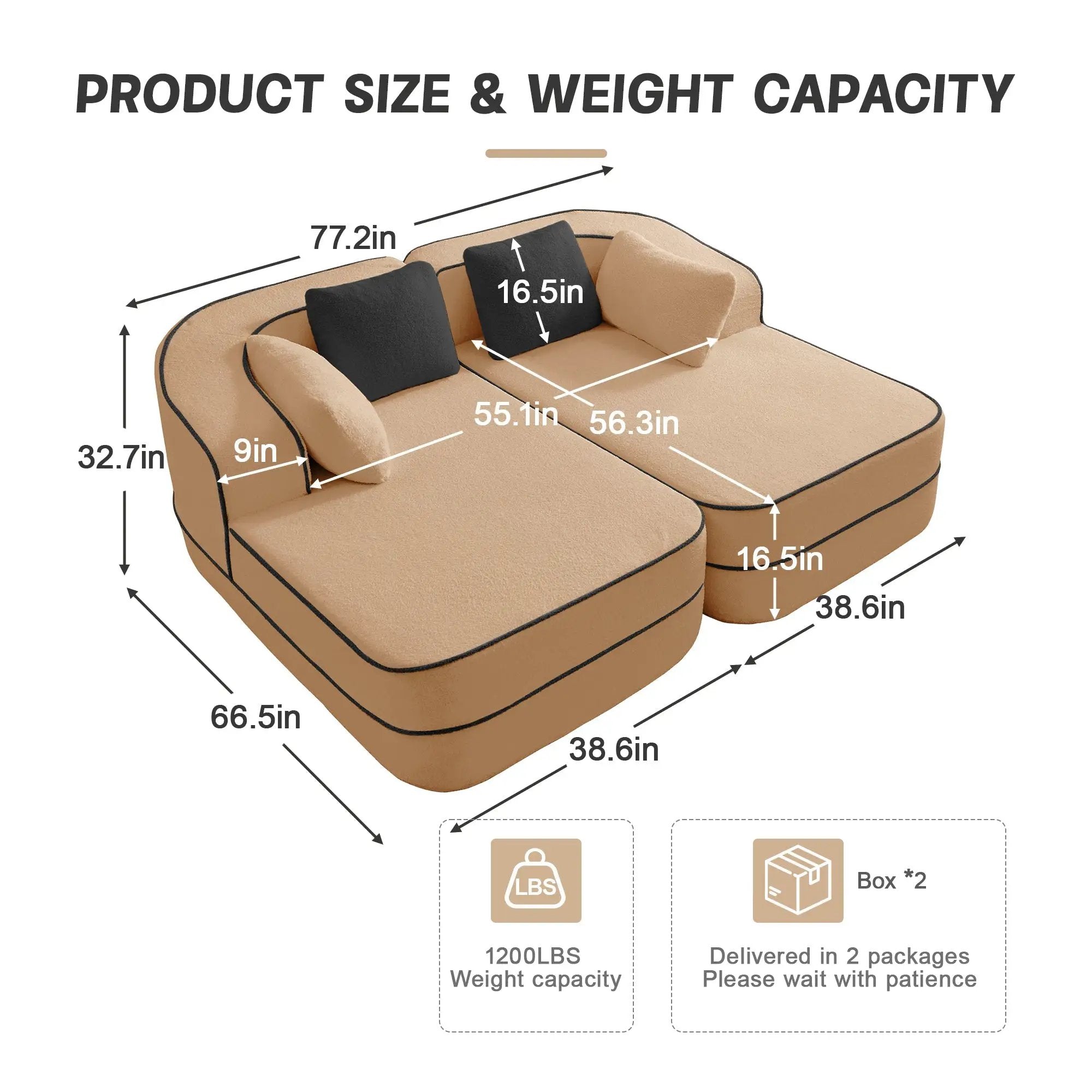 77.2" Teddy Fabric No Assembly Sofa in Camel by HouseOfZazla