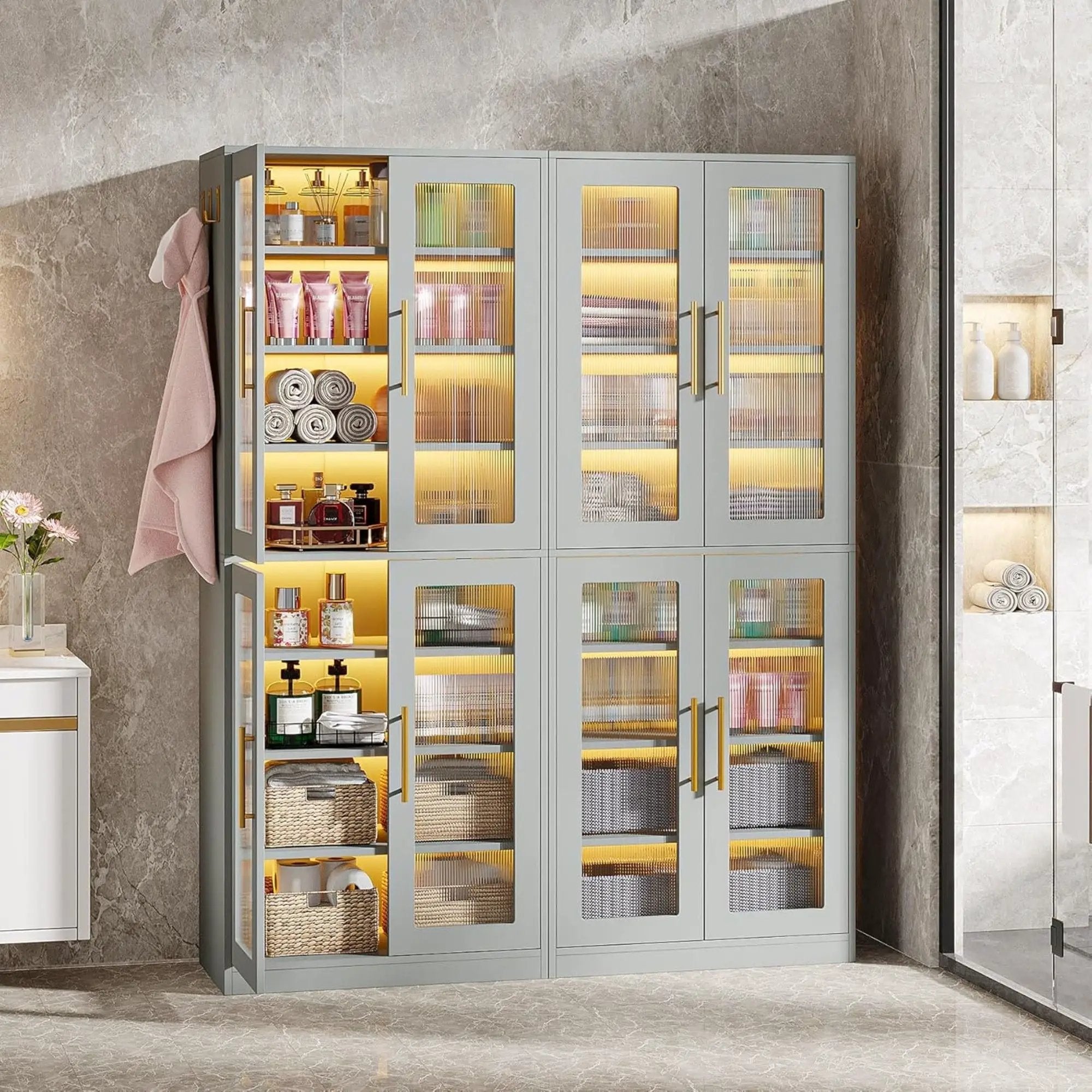 Bookcase With Doors And LED Lighting, 8 Adjustable Shelves Storage Cabinet