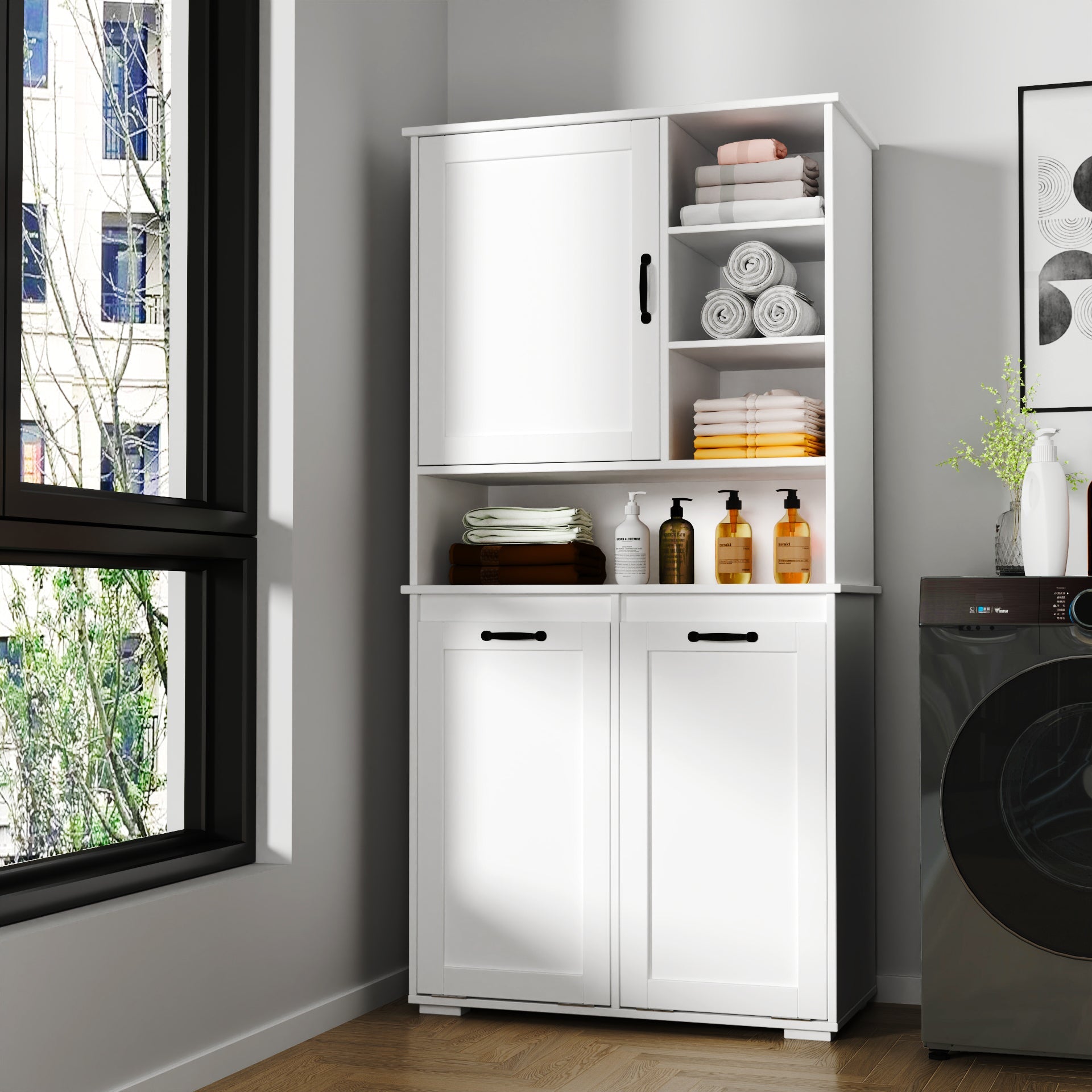 Laundry Cabinet with Doors and Shelf, Tilt-Out Laundry Hamper, Multiple Storage Space by HouseOfZazla