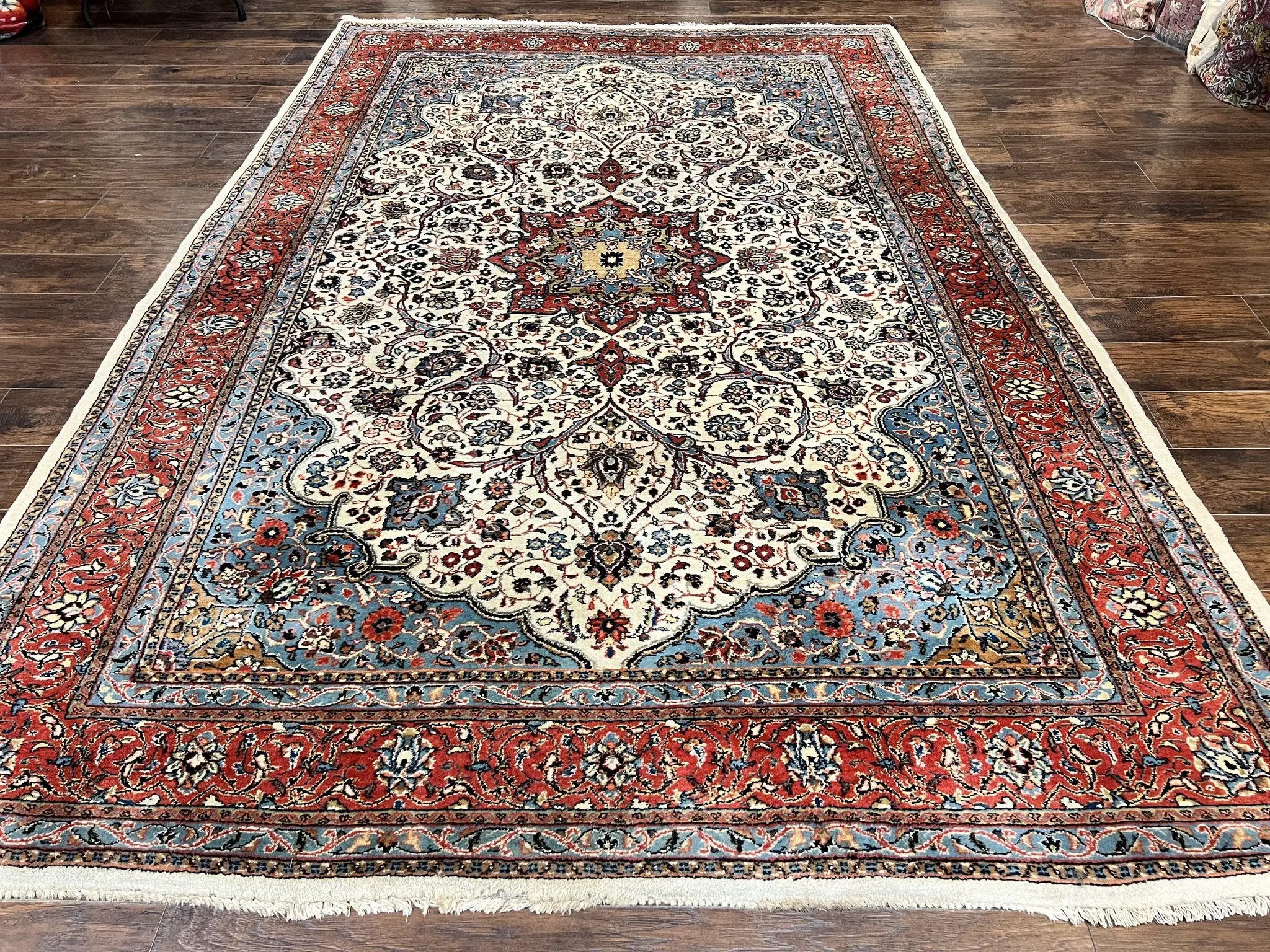 Persian Sarouk Rug 8x12, Wool Hand Knotted Antique Carpet, Floral Medallion, Cream Red, Traditional Oriental Rug by Jewel Rugs