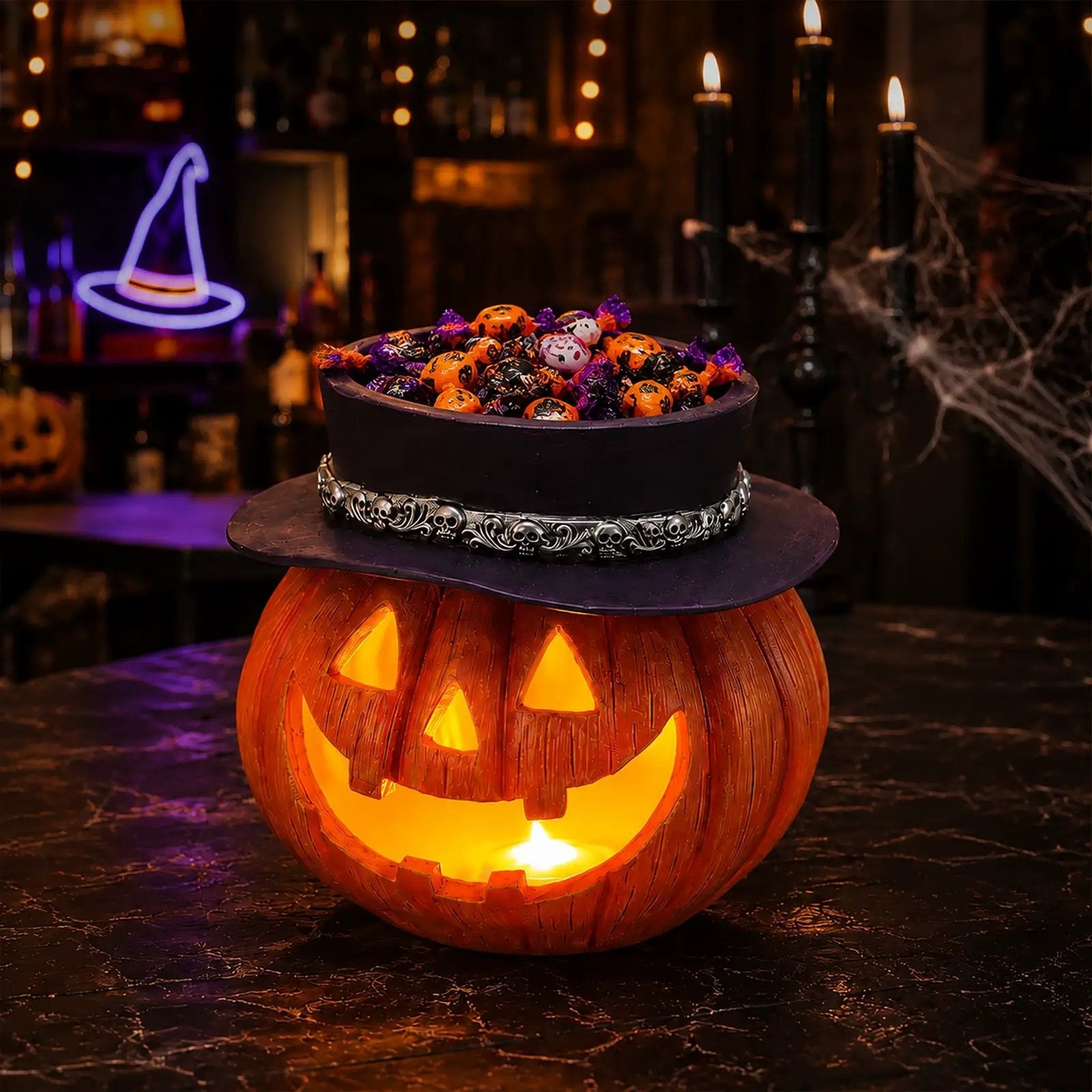 Halloween Pumpkin Candy Bowl With Witch Hat by HouseOfZazla
